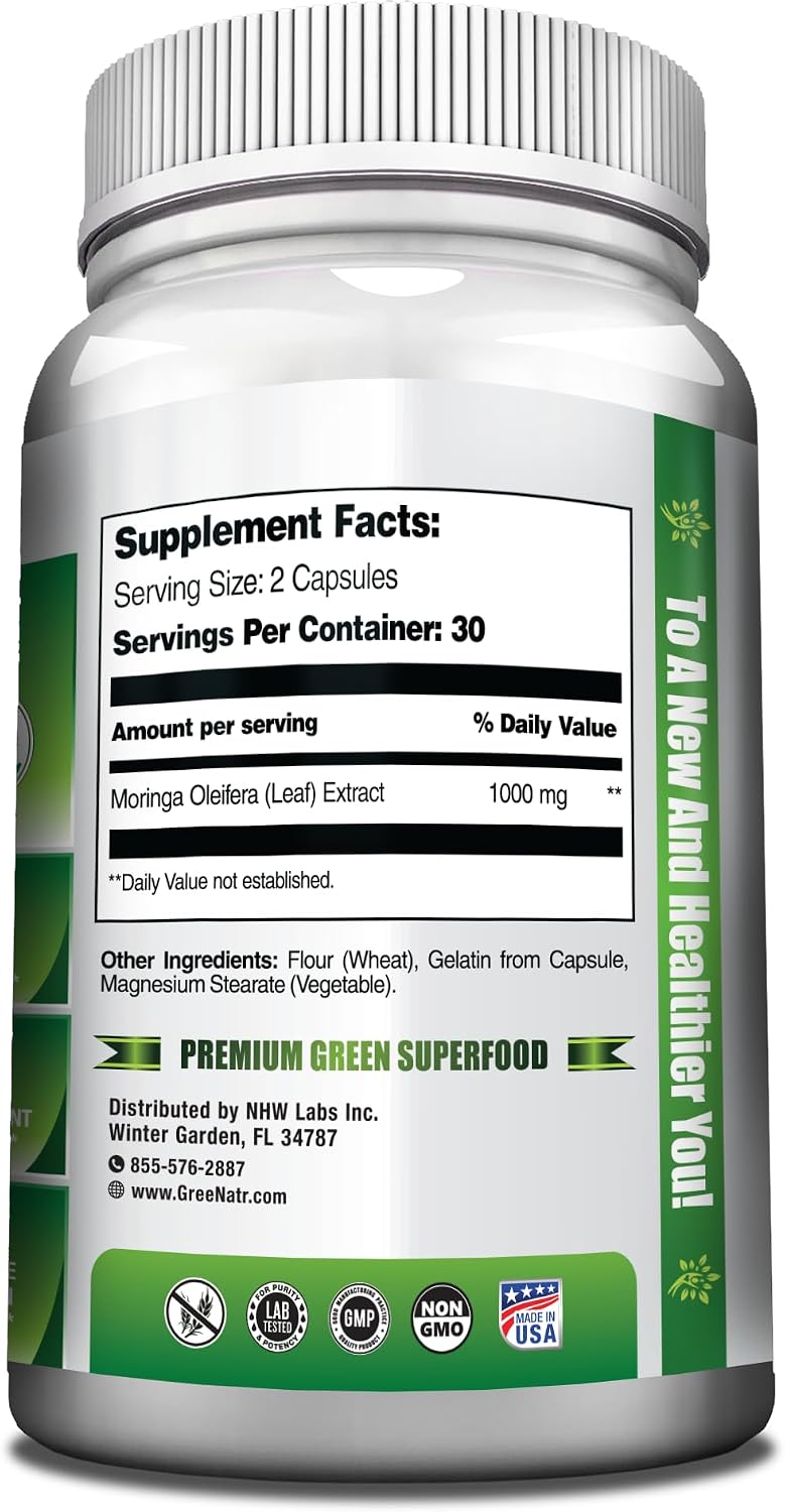 GreeNatr Pure Moringa Oleifera Leaf Extract Veggie Capsules, 1000 mg, 3 Bottles - görsel 3