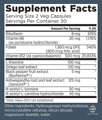 Primal Health CogniForce - Memory & Brain Health Food Supplement with Acetyl L-Carnitine, Ginkgo, and Ashwagandha - 60 Capsules