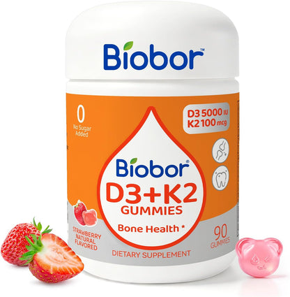 Biobor Natural Vitamin D3 K2 Gummies - 5000 IU D3 + 100 mcg MK-7 (90 Count)