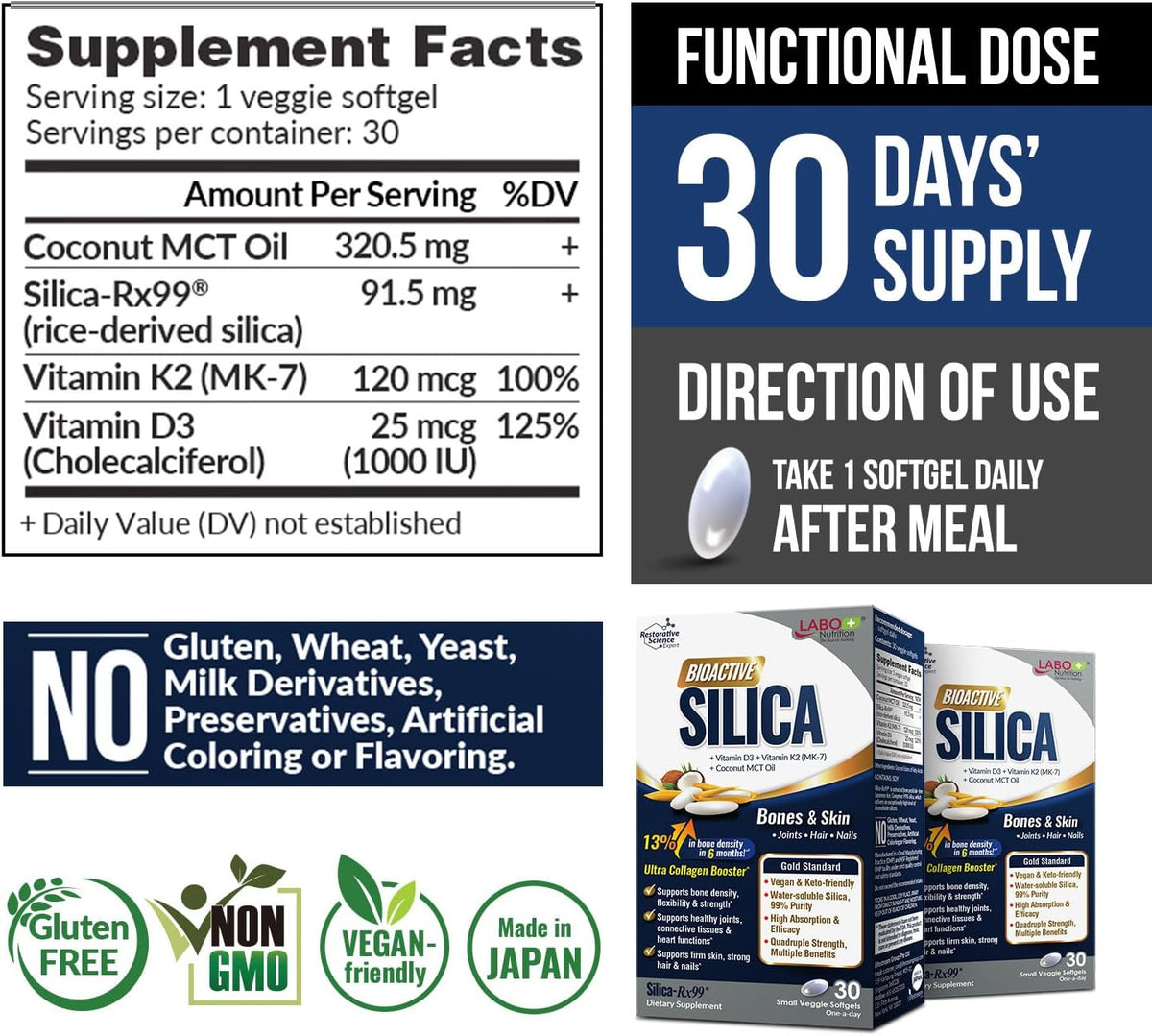 LABO Bioactive Silica 3-Pack – 99% Purity Rice-Derived Silica with Vitamin D3 & K2 for Bone Health, Joint Flexibility & Collagen Support – 90 Vegan Softgels - görsel 2