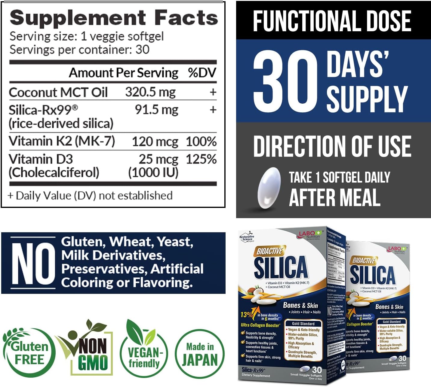 LABO Bioactive Silica 3-Pack – 99% Purity Rice-Derived Silica with Vitamin D3 & K2 for Bone Health, Joint Flexibility & Collagen Support – 90 Vegan Softgels - görsel 2