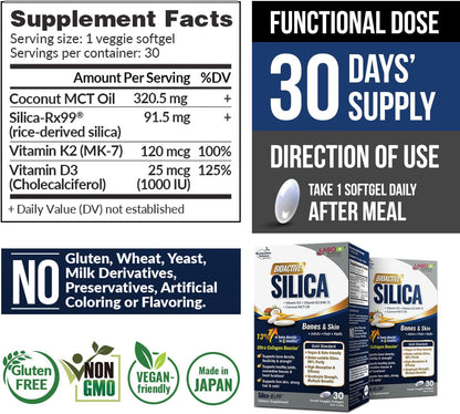 LABO Bioactive Silica 3-Pack – 99% Purity Rice-Derived Silica with Vitamin D3 & K2 for Bone Health, Joint Flexibility & Collagen Support – 90 Vegan Softgels