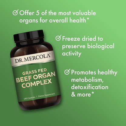 Dr. Mercola Grass-Fed Beef Organ Complex - Freeze-Dried Organ Blend - Non-GMO - Gluten-Free - 180 Capsules
