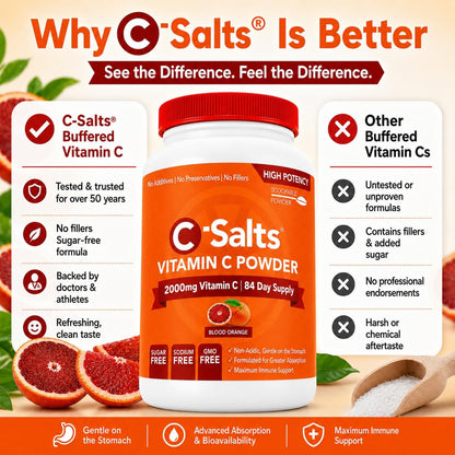 C-Salts Buffered Vitamin C Powder - Pure Organic, Stomach-Friendly Ascorbic Acid Vit C Drink for Daily Immune Support & Collagen Production - Vegan Non GMO Sugar Free - 272 Servings Blood Orange, 26oz (approx. 737g)