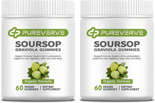 Soursop Graviola Gummies, Pureverve Max Strength with Sea Moss & Zinc – 120 Count (Pack of 2)