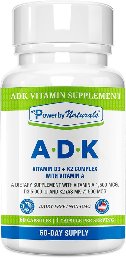 Power By Naturals ADK Vitamin Supplement – Vitamins A, D3 & K2 MK-7 for Bone Health & Calcium Absorption – 120 Capsules (Pack of 2)