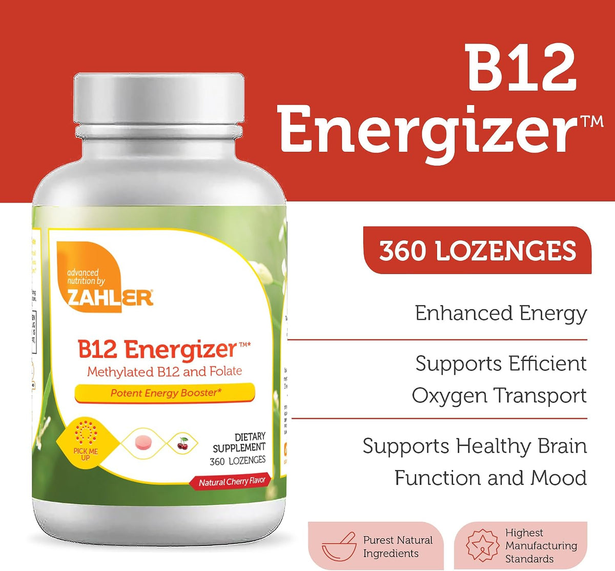 Zahler Energizer - Folate and B12 Supplement - Fast Dissolving Cherry Flavour Lozenges - Dual Vitamin Methylated B12 & Folate Supplement with 1360 mcg Folate (360 Lozenges) - görsel 3