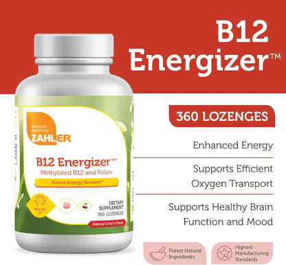 Zahler Energizer - Folate and B12 Supplement - Fast Dissolving Cherry Flavour Lozenges - Dual Vitamin Methylated B12 & Folate Supplement with 1360 mcg Folate (360 Lozenges)