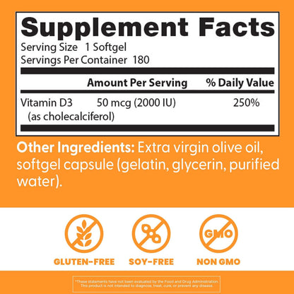 Doctor's Best Vitamin D3 2000 IU Softgels – 180 Count
