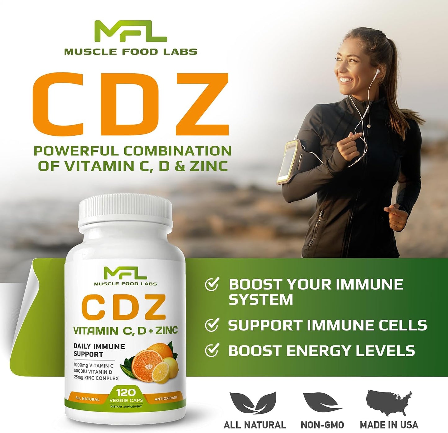 C D Z - Vitamin C 1000mg, Vitamin D3 125mcg (5000 IU), Zinc 25mg - 120 Vegetarian Capsules - görsel 2