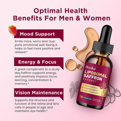 Liposomal Saffron Supplements - 88.5mg Saffron Extract Liquid Drops with L-Theanine, Chamomile, Vitamin C, B6, B12 & D3 for Antioxidant, Immune, Mood, Energy, Focus & Sleep - 60 ml Strawberry Flavour