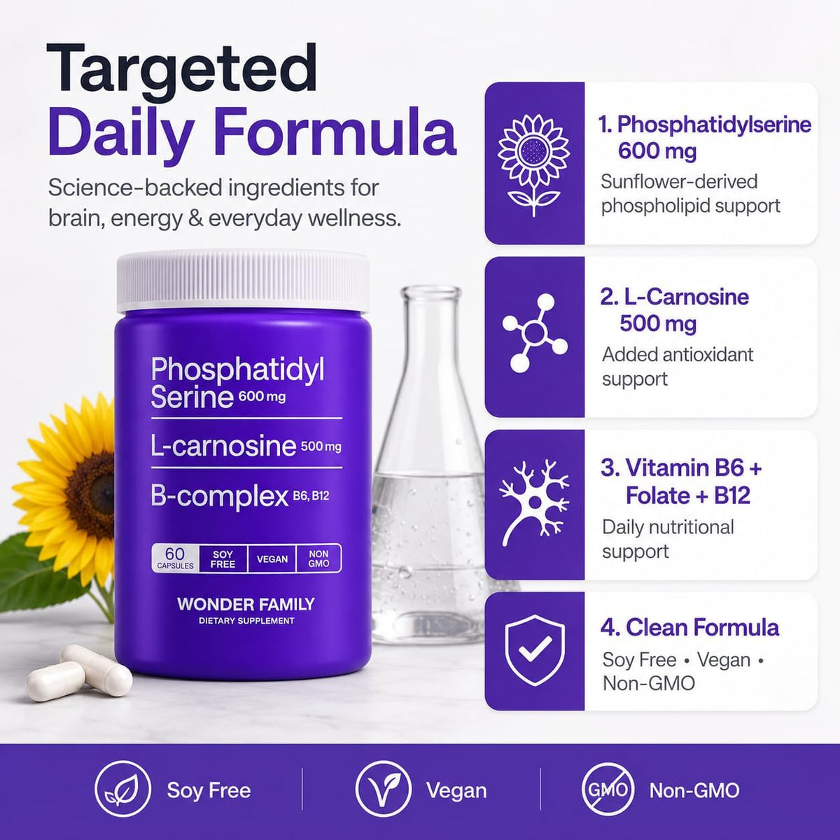 Phosphatidylserine 600 mg with L-Carnosine 500 mg + B6, B12 & Folate | Non-Soya Sunflower Lecithin PS Complex | Plant-Based, Non-GM | 60 Capsules - görsel 5