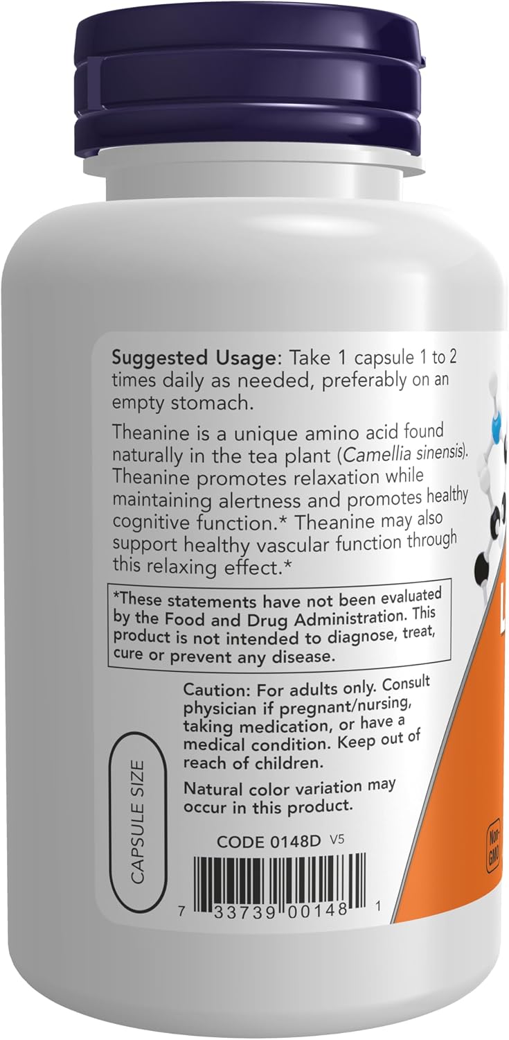 NOW Foods L-Theanine 200mg with Inositol, Stress Support Supplement, 120 Vegan Capsules - görsel 3