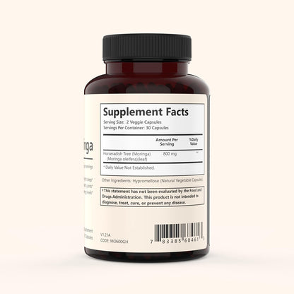 Natural Moringa Leaf Powder Capsules - 800mg, Vegan, Non-GM, 3rd-Party Tested, Gluten-free, 60 Capsules