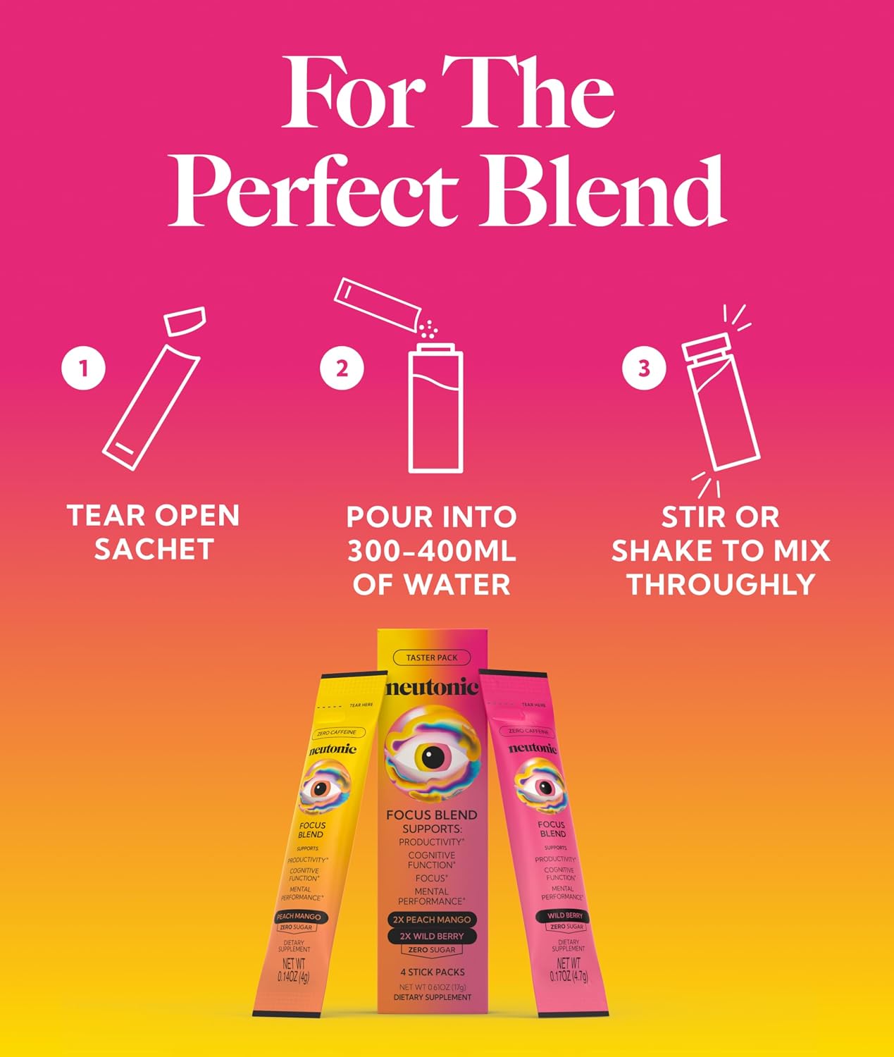 Neutonic Nootropic Focus Blend Powder - Peach Mango & Wild Berry (4 Sticks) - görsel 8