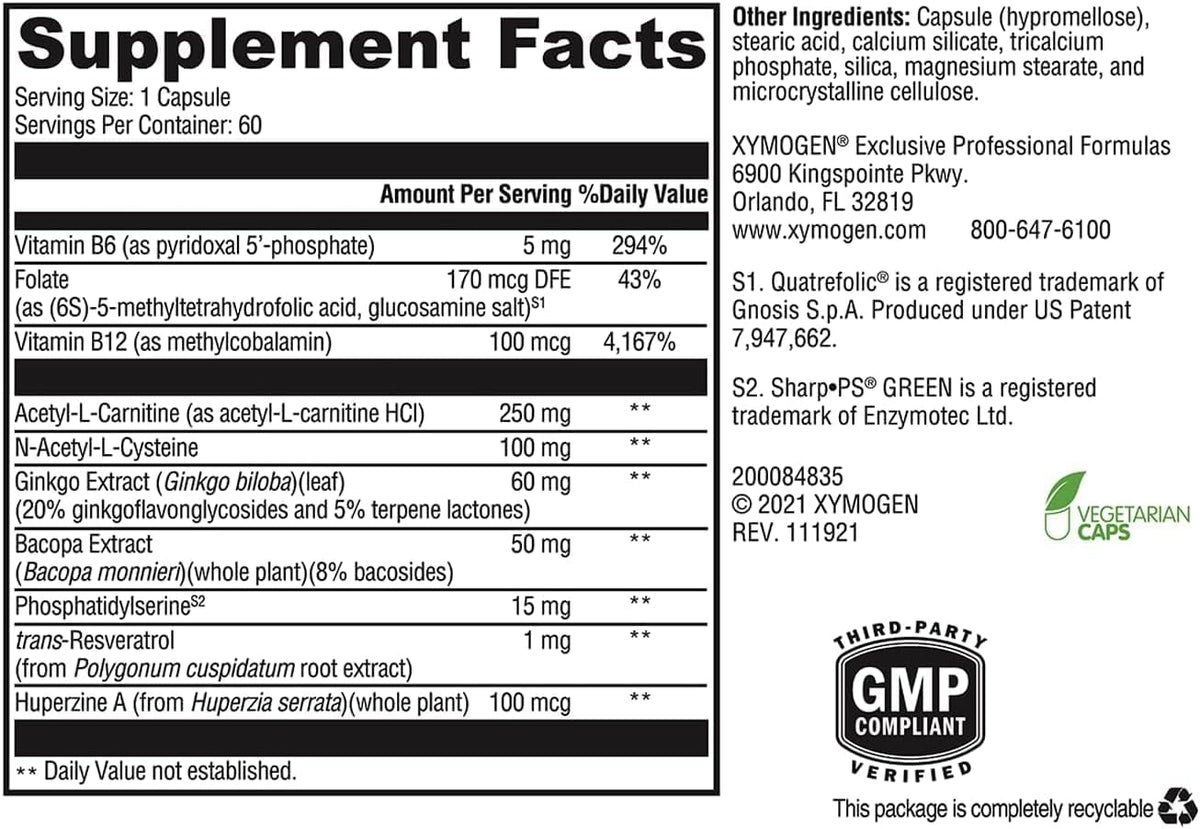XYMOGEN MemorAll - Brain & Memory Support - Ginkgo Biloba, Bacopa and B Vitamins - Gluten-free, Dairy-free & Non-GMO - 60 Capsules - görsel 2