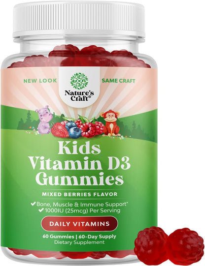 Chewable Vitamin D Gummies for Children - Delicious Vitamin D 1000 IU Per Serving - Toddler Immune Support Gummies - Berry Flavoured Supplement for Bone Health & Muscles - Gelatine Free - 60 Gummies