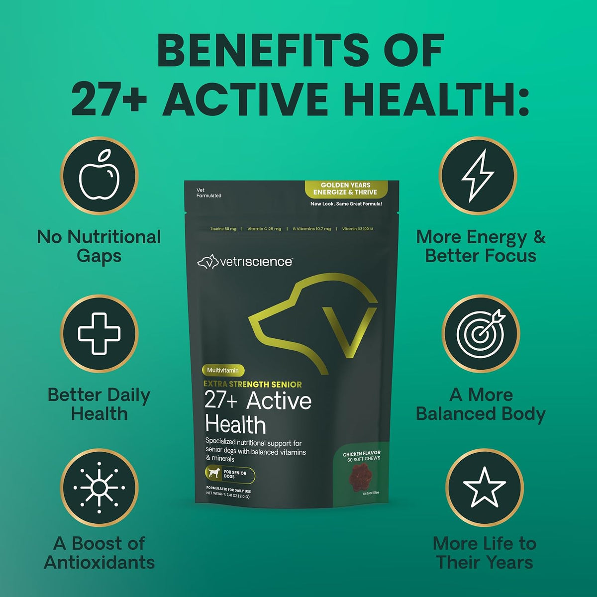 VetriScience Extra Strength Senior 27+ Active Health Chews, Golden Years Daily Multivitamin for Senior Dogs, Chicken Flavour, 60 Count - görsel 5