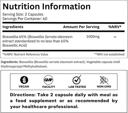 Boswellia Serrata Extract Supplement 500mg - Healthy Joint Support, Muscle Relief Support - 65% Boswellic Acids - Extracted – Image 2