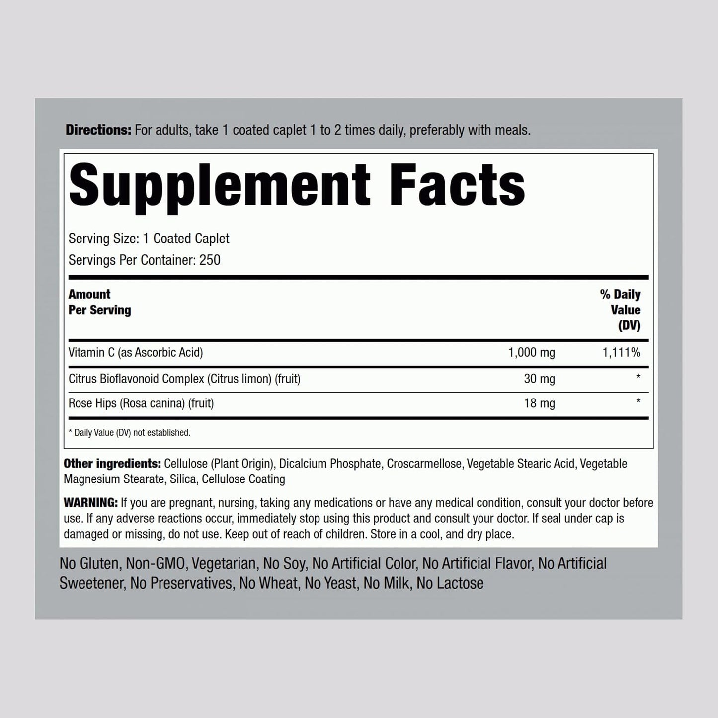 Piping Rock Vitamin C 1000mg with Bioflavonoids and Rose Hips, 250 Caplets - görsel 2
