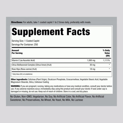 Piping Rock Vitamin C 1000mg with Bioflavonoids and Rose Hips, 250 Caplets