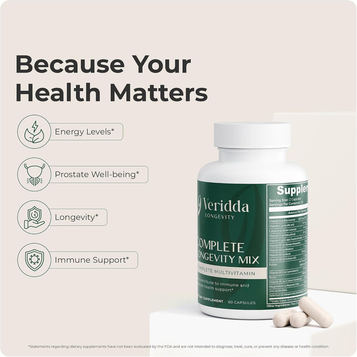 Veridda Longevity Complete Longevity Mix - Multivitamin with Vitamin B Complex, Antioxidants, Echinacea, Spirulina, Lutein, Lycopene for Immune Support, 60 Capsules - görsel 5