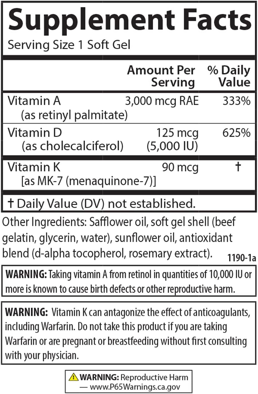 Carlson - Vitamins A, D3, K2 - 3000 mcg RAE Vitamin A, 125 mcg Vitamin D3, 90 mcg Vitamin K2 as MK-7 - 60 Softgels - görsel 4