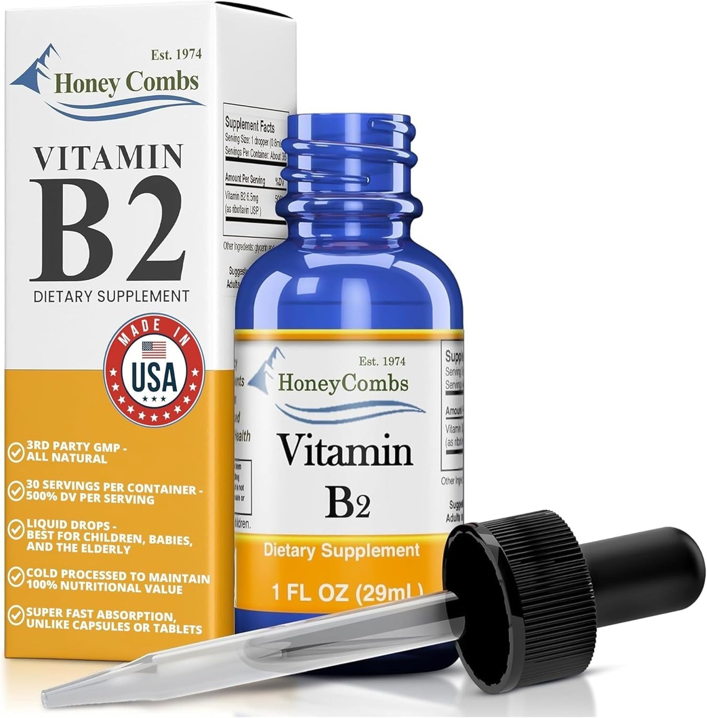 HoneyCombs Vitamin B2 Liquid Drops – High Potency Riboflavin Supplement – Alcohol Free, Vegan – 30 ml - görsel 1