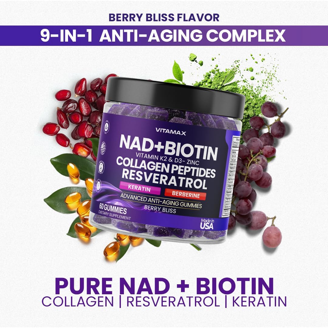 Vitamax NAD+ Resveratrol Berberine & Biotin Anti-Ageing Gummy - Hair, Skin, Nails & Joint Support - 60 Count - görsel 3