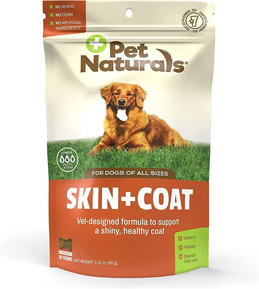 Pet Naturals Skin and Coat for Dogs, Bite-Sized Soft Chews, Salmon Oil and Omega Fatty Acids, Soothe Dry and Itchy Skin, No Corn or Wheat, Vet Formulated, Veggie Flavour, 30 Count