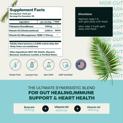 Gut Armour Gut & Heart Health + Immune Support | Pure Butyrate, Vitamin D3, K2 | 30 Soft gel capsules