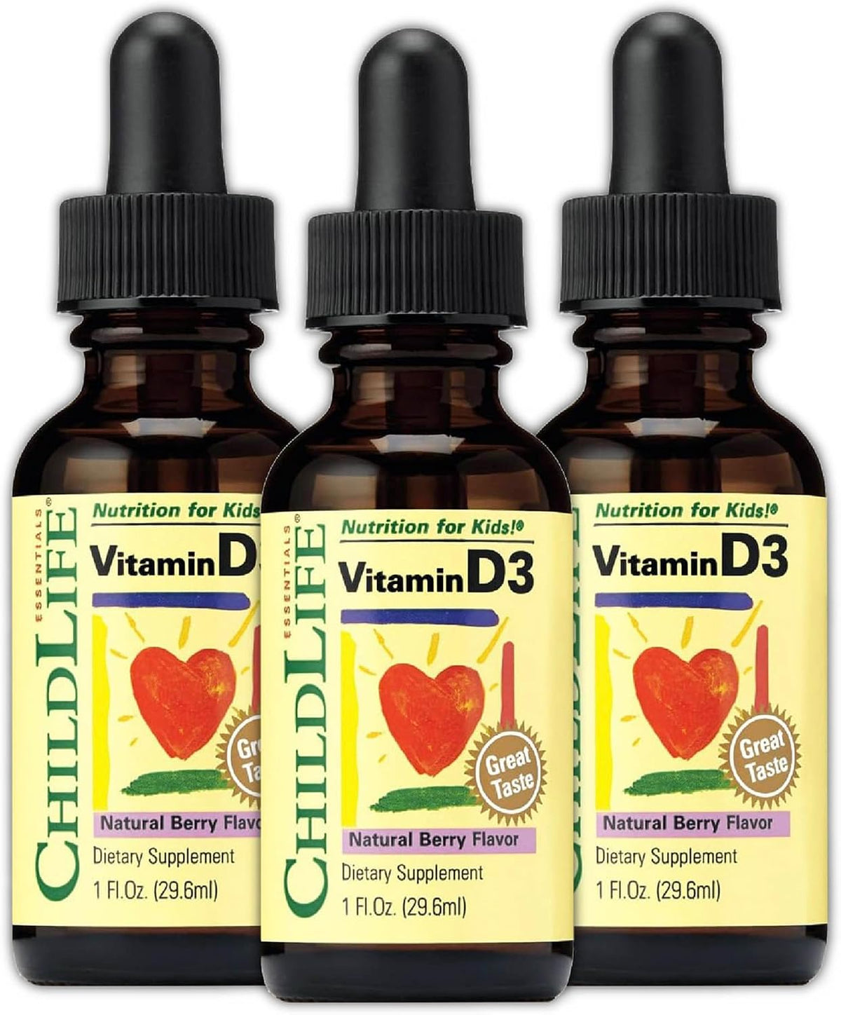 ChildLife Essentials Baby Vitamin D3 Drops - Natural Berry Flavour, 500 IU (12.5 µg), 1 fl oz (30 ml) (Pack of 3) - görsel 1
