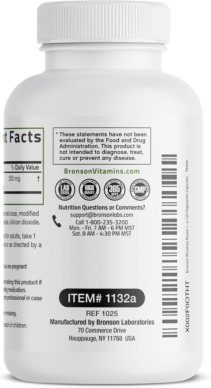 Bronson Rhodiola Rosea Vegetarian Capsules – Adaptogenic Herb for Stress, Mood & Brain Support – Non-GM, 120 Count - görsel 3