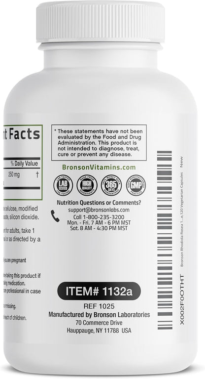 Bronson Rhodiola Rosea Vegetarian Capsules – Adaptogenic Herb for Stress, Mood & Brain Support – Non-GM, 120 Count