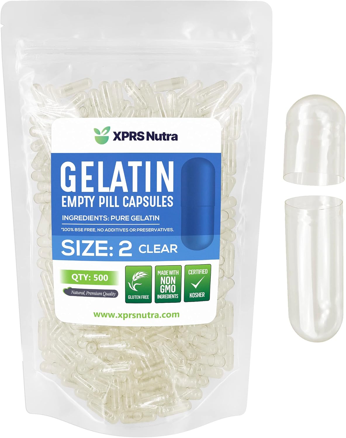 XPRS Nutra Size 2 Empty Capsules - 500 Count Clear Gelatine Capsules for DIY Supplements - görsel 1