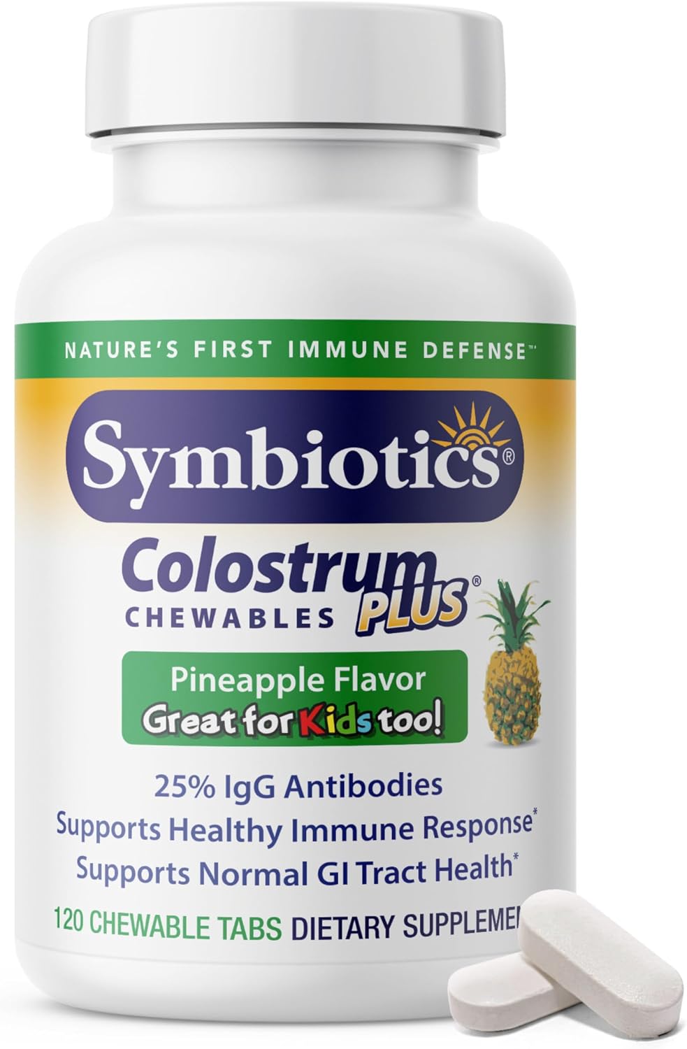 Symbiotics Colostrum Chewable Tablets – Immune and Digestive Support with Lactoferrin, 120 Count (Pineapple) - görsel 1
