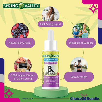 Choice Bundle Spring Valley Liquid Vitamin B12 5000 mcg Food Supplement Natural Berry Flavour 2 fl oz (60 ml) 4 Pack (approx. 240 ml Total) + Vitamin Guide and Keychain Pill Holder (6 Items)