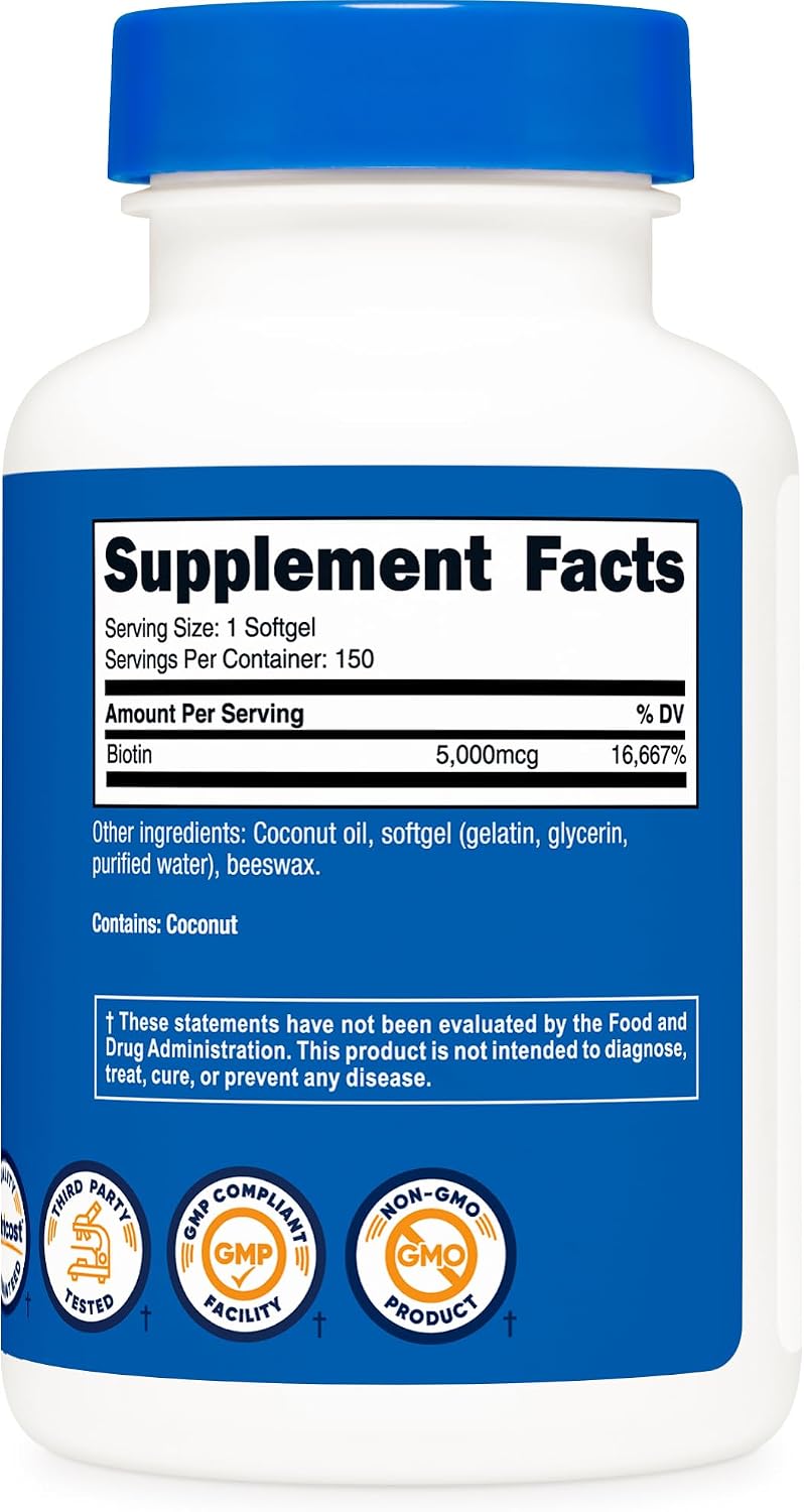 Nutricost Biotin (5,000mcg) 150 Softgels – Vitamin B7 – Gluten-free, Non-GMO - görsel 5