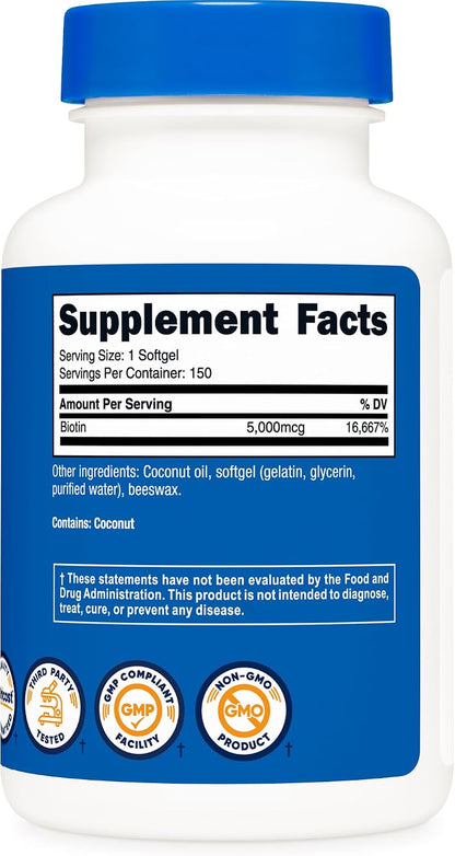 Nutricost Biotin (5,000mcg) 150 Softgels – Vitamin B7 – Gluten-free, Non-GMO