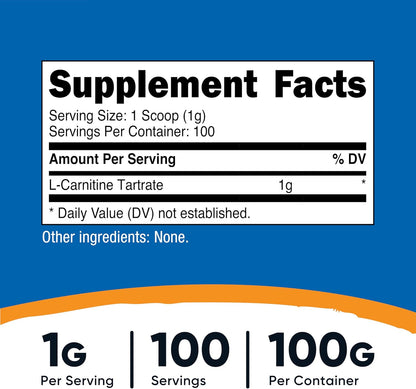 Nutricost L-Carnitine Tartrate Powder (100 g) – 1 Gram per Serving, 100 Servings