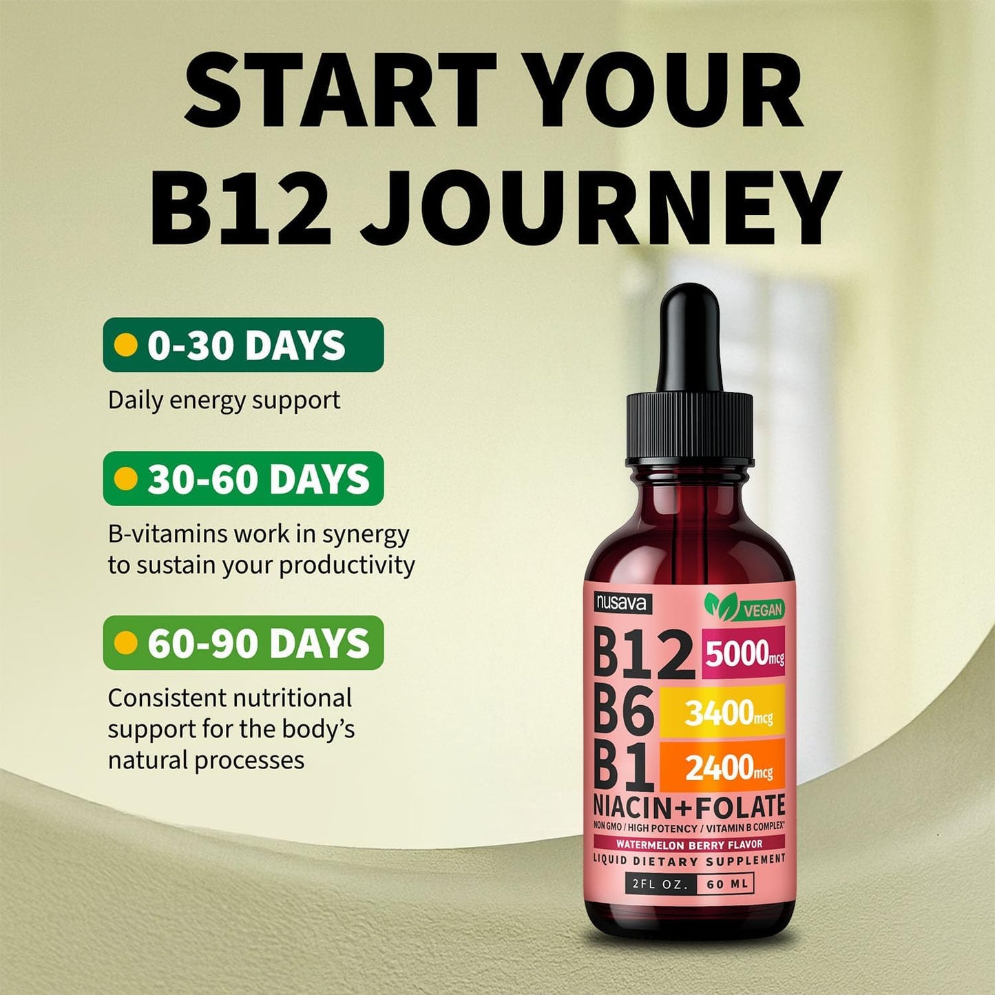 NUSAVA Vitamin B12 Liquid Drops 5000mcg – Sublingual B-Complex with B6, B1, Niacin, Folic Acid – Methylcobalamin for Energy & Immune Support – Vegan, Non-GMO, Watermelon (2 Pack, 60 ml) - görsel 4