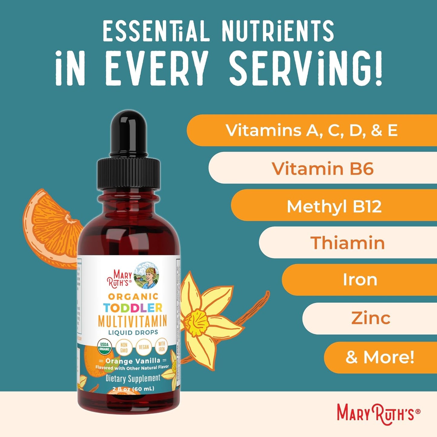 MaryRuth's Organic Multivitamin & Multimineral with Iron for Toddlers - Organic Liquid Drops - Ages 1-3 - 2 fl oz - görsel 7