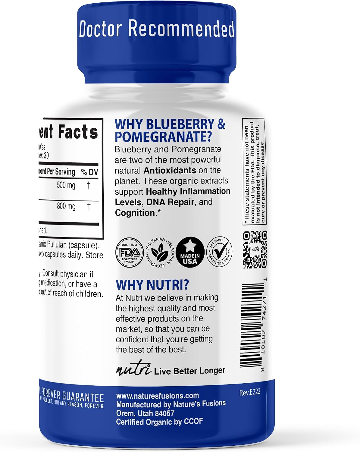 Nutri Organic Blueberry Pomegranate Supplement 1300mg – 800mg 10:1 Blueberry Extract & 500mg 10:1 Pomegranate Extract – Certified Organic – 60 Capsules – High in Anthocyanins and Polyphenols - görsel 3