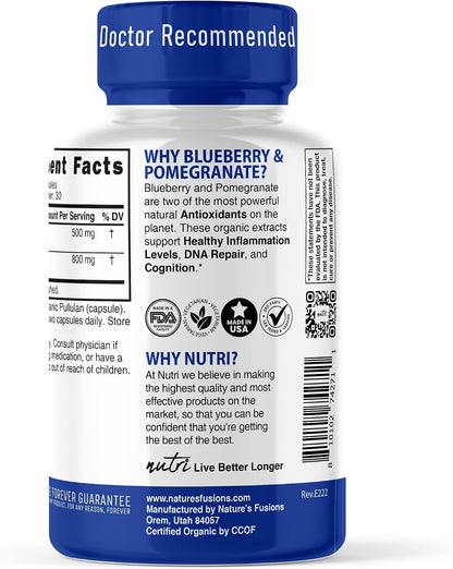 Nutri Organic Blueberry Pomegranate Supplement 1300mg – 800mg 10:1 Blueberry Extract & 500mg 10:1 Pomegranate Extract – Certified Organic – 60 Capsules – High in Anthocyanins and Polyphenols