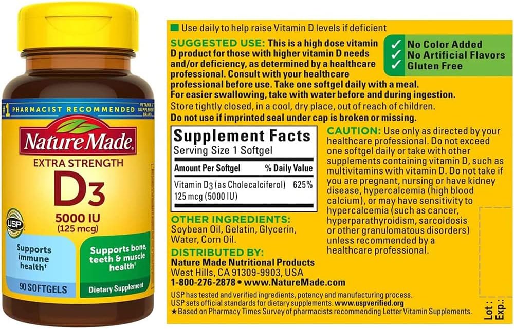 Nature Made Extra Strength Vitamin D3 5000 IU (125 mcg), Food Supplement for Immune Support, 90 Softgels, 90 Day Supply - görsel 3