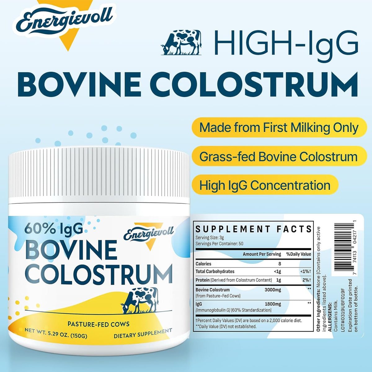 Energievoll Bovine Colostrum Food Supplement Powder - 60% IgG 3000 mg, Grass-Fed, Unflavoured (50 Servings) - görsel 2
