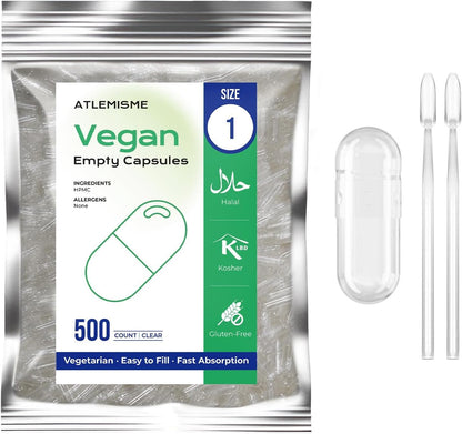 Empty Vegan Capsules Size 1, 500 Pack DIY Vegetable Capsules for Filling | Includes 2 Micro Lab Spoons