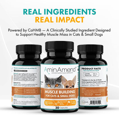 AminAmend Muscle Support for Small Dogs and Cats with CaHMB and Vitamin D3 – 30 Capsules