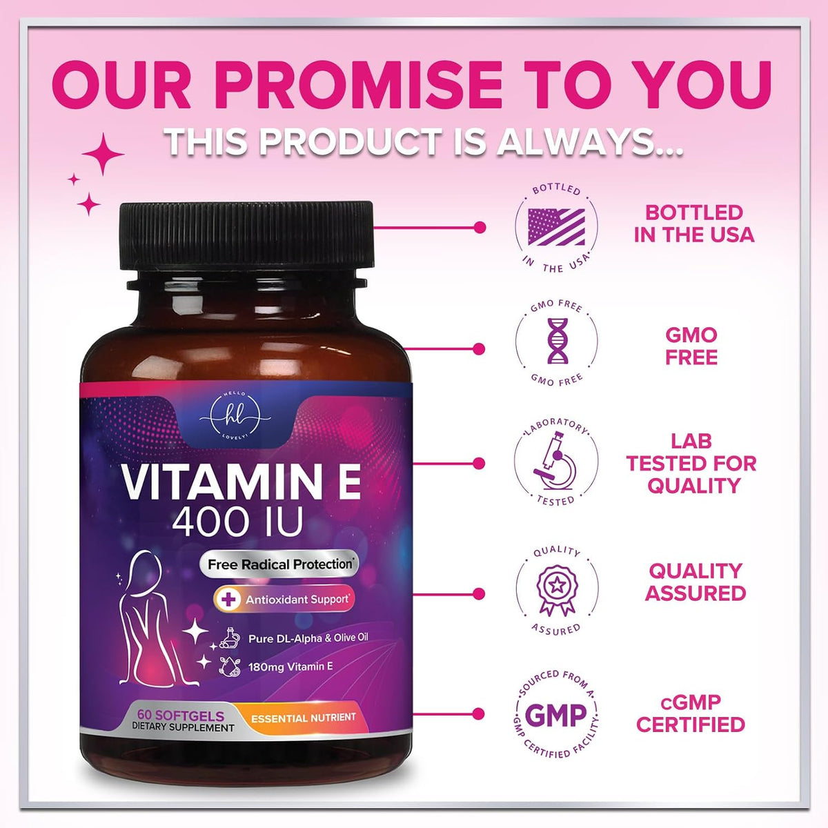 Vitamin E 180 mg - dl-Alpha Tocopherol Soft gel capsules for Hair, Skin and Immune Support - 60 Soft gel capsules - görsel 4
