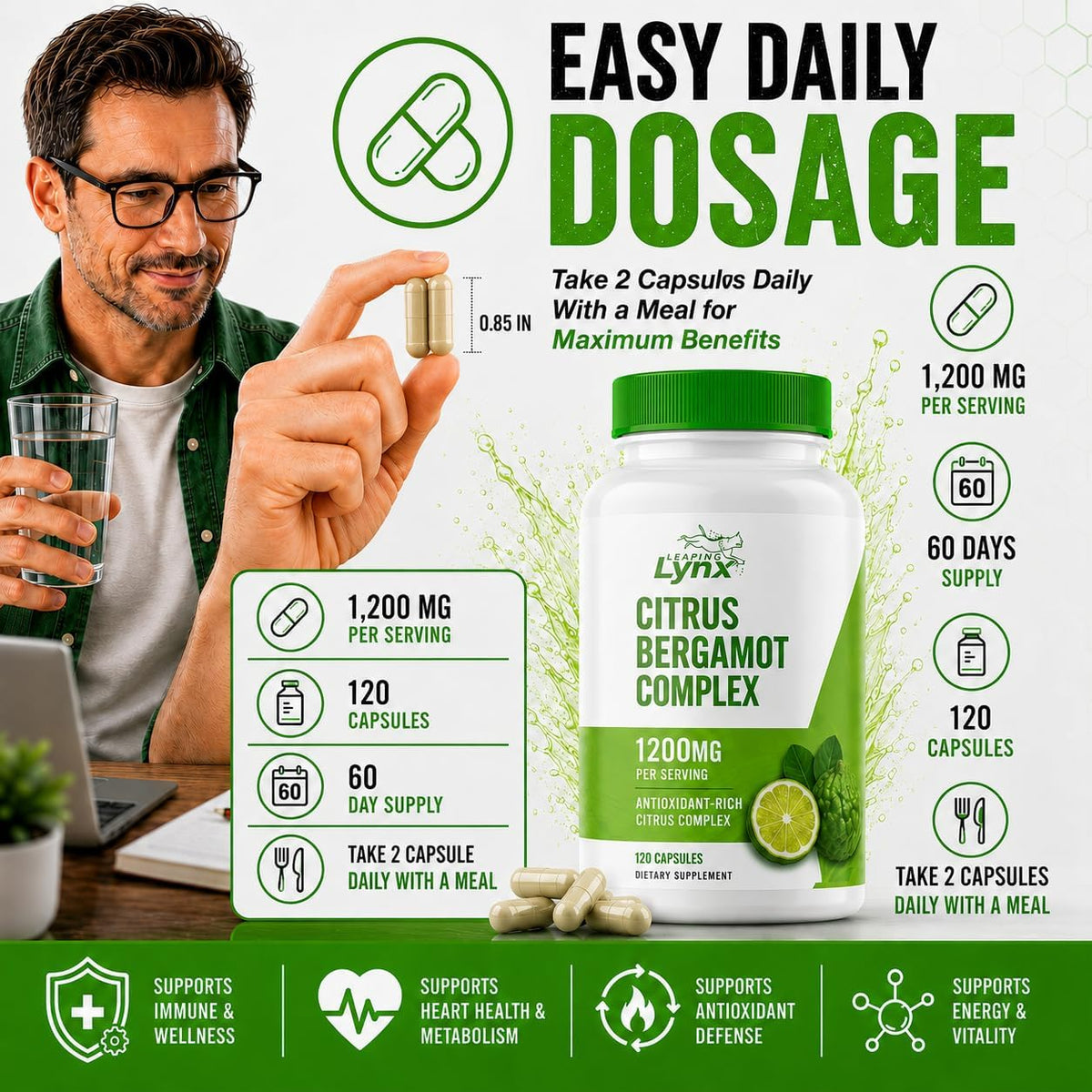 Leaping Lynx Citrus Bergamot 1200 mg – Heart Health & Cholesterol Support, 120 Capsules - görsel 5